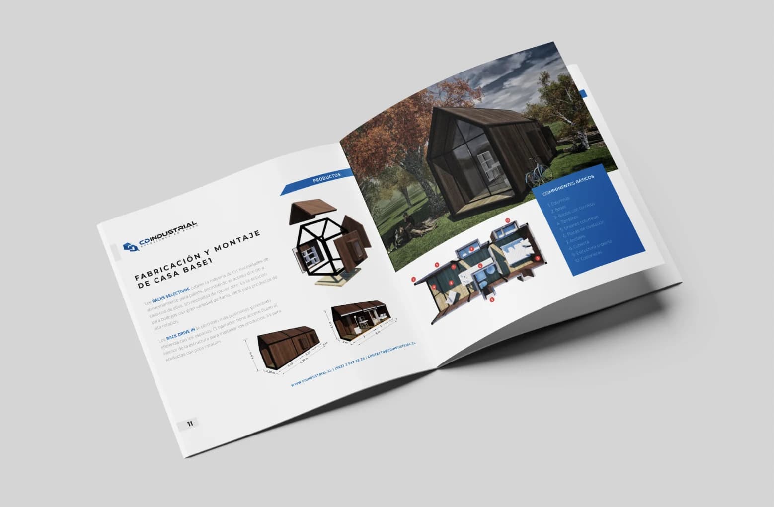 Diseño editorial de brochure y catálogo de productos para empresa de construcción modular