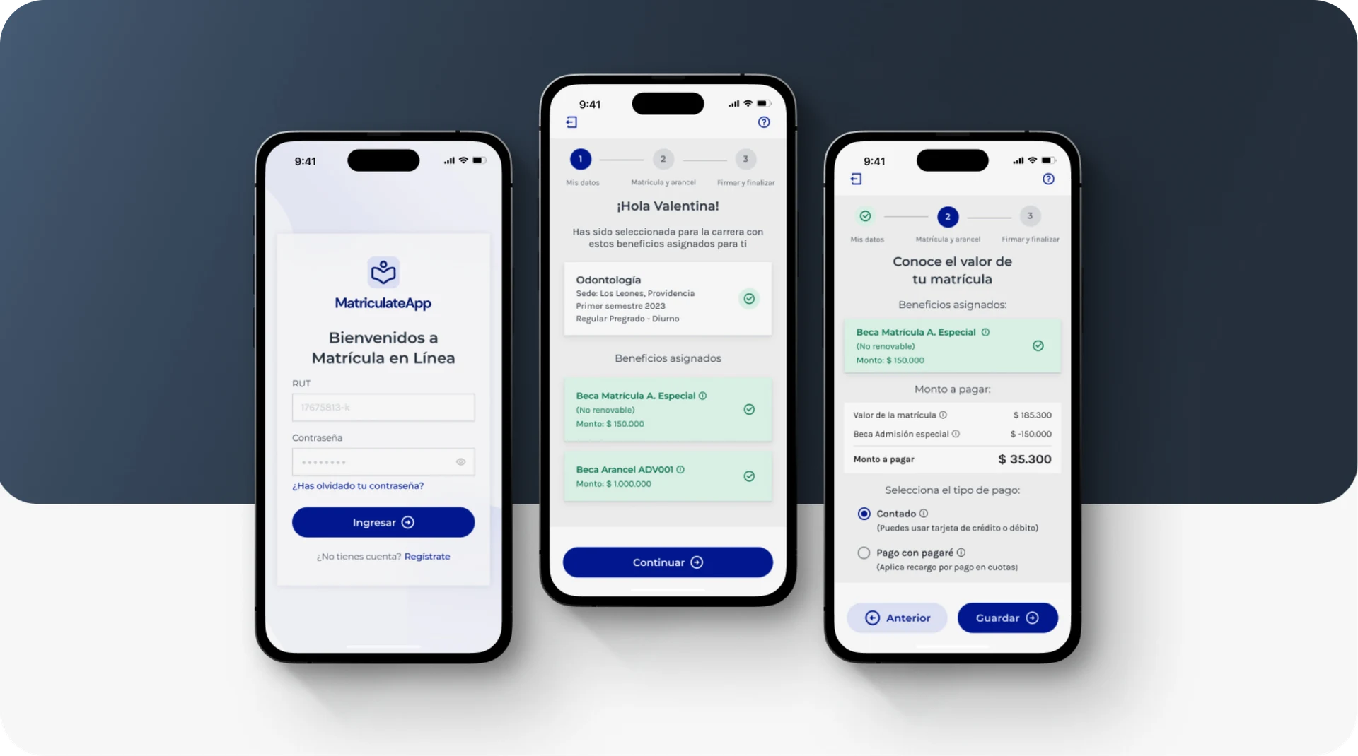 Aplicación móvil de matrícula en línea que representa el diseño UX/UI y desarrollo de productos digitales
