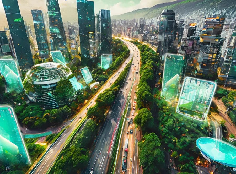 Ilustración de una ciudad sostenible impulsada por tecnología